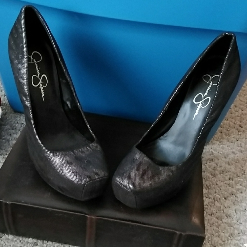 Gold and black pumps.